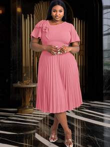 Vestido de línea A con cuello asimétrico, mangas con volantes y talla grande, adecuado para ir a trabajar, ceremonias de graduación, servicios religiosos, batas de graduación y otras ocasiones en verano - Rosa vieja - Ver 7
