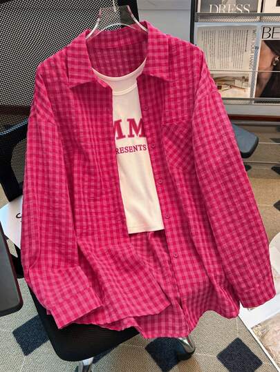 YUXIN Camisa holgada a cuadros para mujer, cuello vuelto, botones delanteros, bolsillo lateral único, disponible en múltiples colores rojo