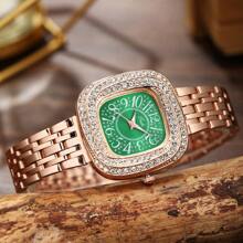 Relógio feminino em ouro rosa, material de liga, mostrador verde, com decoração de folha verde