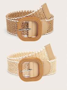 1pc/2pcs Plus Size Bohemian Round Wooden Buckle Hollow Out Straw Waist Belt, Suitable For Dresses, Beach Vacation, Party