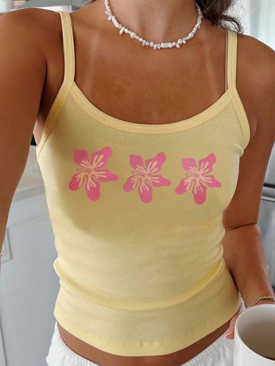 Women Y2K Summer Crop Tank Tops Cute Graphic Cami Tops Vintage Floral Print Sleeveless Scoop Neck  Summer Going Out Tops Casual Camisole Casual Beach Tops Club Streetwear  Aesthetic Clothes For Teen Girls - 黃色 - 查看 1