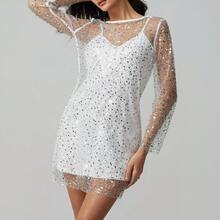 Women's Glitter Loose Mini Dress Long Sleeve Round Neck Sheer Sequin Mesh Sheer Dress Two Piece Outfit Clubwear Rave Party Outfits