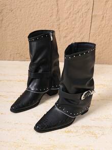 复古铆钉高筒靴，法式高帮女靴，百搭西部牛仔靴，适合娇小身材 - 黑色 - 查看 3