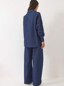 BIANCO LUCCI Conjunto de 2 piezas de ropa casual para mujer: Chaqueta de bolsillo de manga larga y abotonadura sencilla, y pantalones - Azul Marino - Ver 2