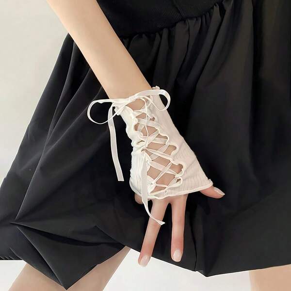 1Pair Summer Decorative Cuffles Y2K Spicy Girl Lace Gloves Black/White Lolita Long Gloves