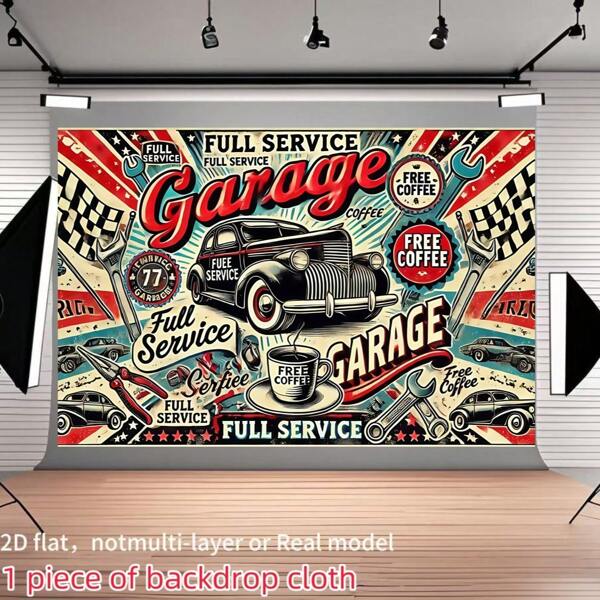 Banner de porta 2D, cenário vintage para posto de gasolina - fundo fotográfico retrô americano com tema de café completo com carros e ferramentas clássicos, banner durável para uso interno/externo para festas de aniversário, decoração de Natal, acessórios de estúdio