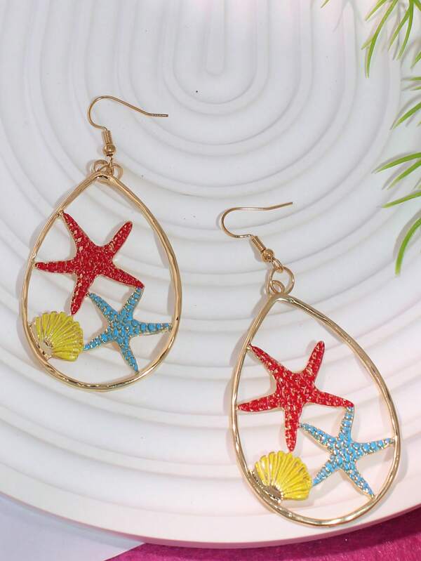 1 par de pendientes colgantes con estrella de mar y concha, joyería de moda, apropiada para mujeres, regalo de fiesta de vacaciones, regalo para niñas, regalo de joyería de moda