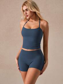 NcmRyu 1 Bộ đồ thể thao nữ gợi cảm liền mạch dây mảnh chéo và quần short, bộ đồ thể thao, thắt eo và nâng mông, mềm mại và thoải mái - Màu xanh lam - Xem 10