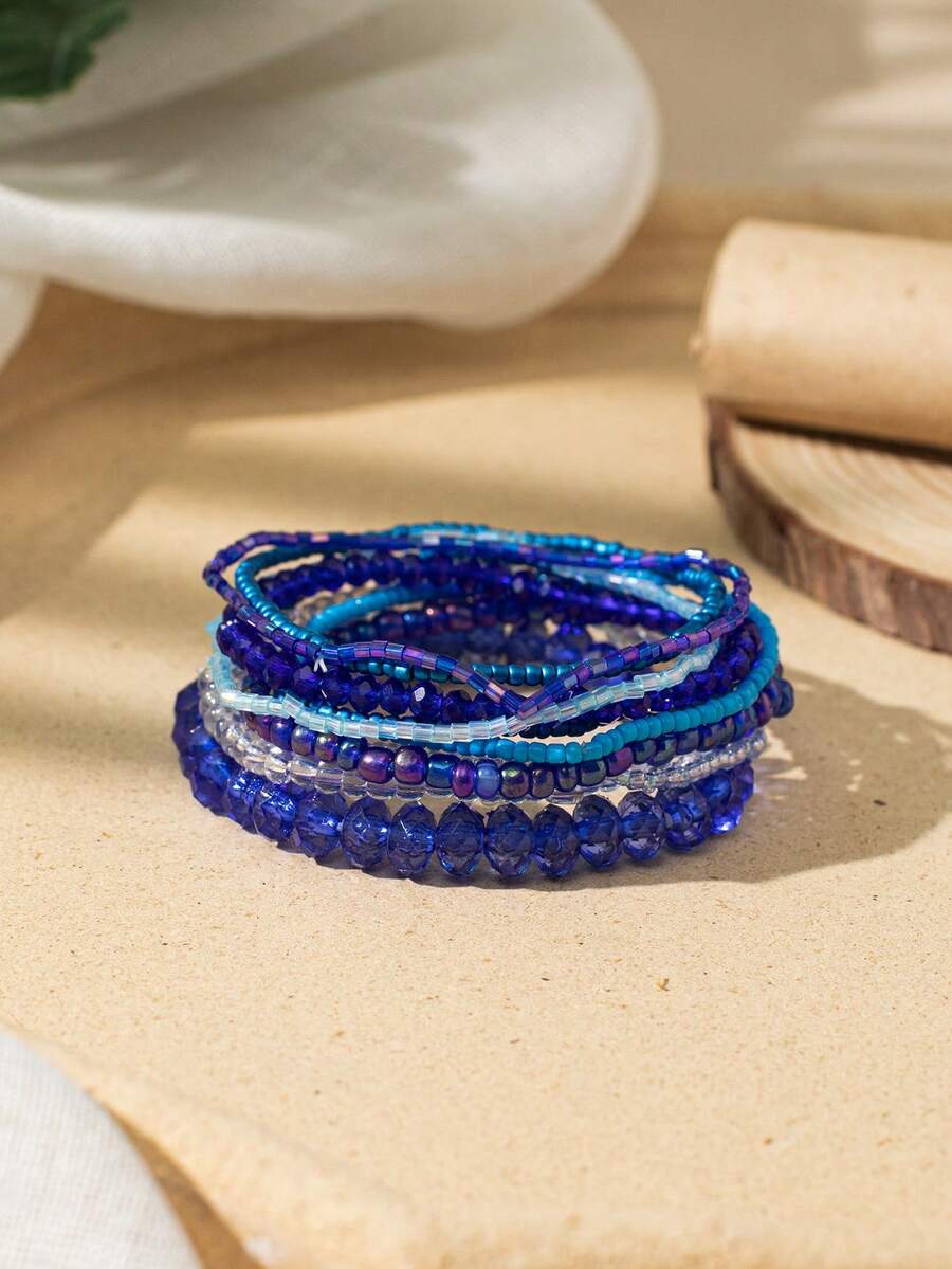 Set de 10 piezas de pulseras con cuentas de cristal de estilo bohemio y multicolor para mujeres, pulseras apilables elegantes y coloridas para uso diario o vacaciones - Multicolor - Ver 1