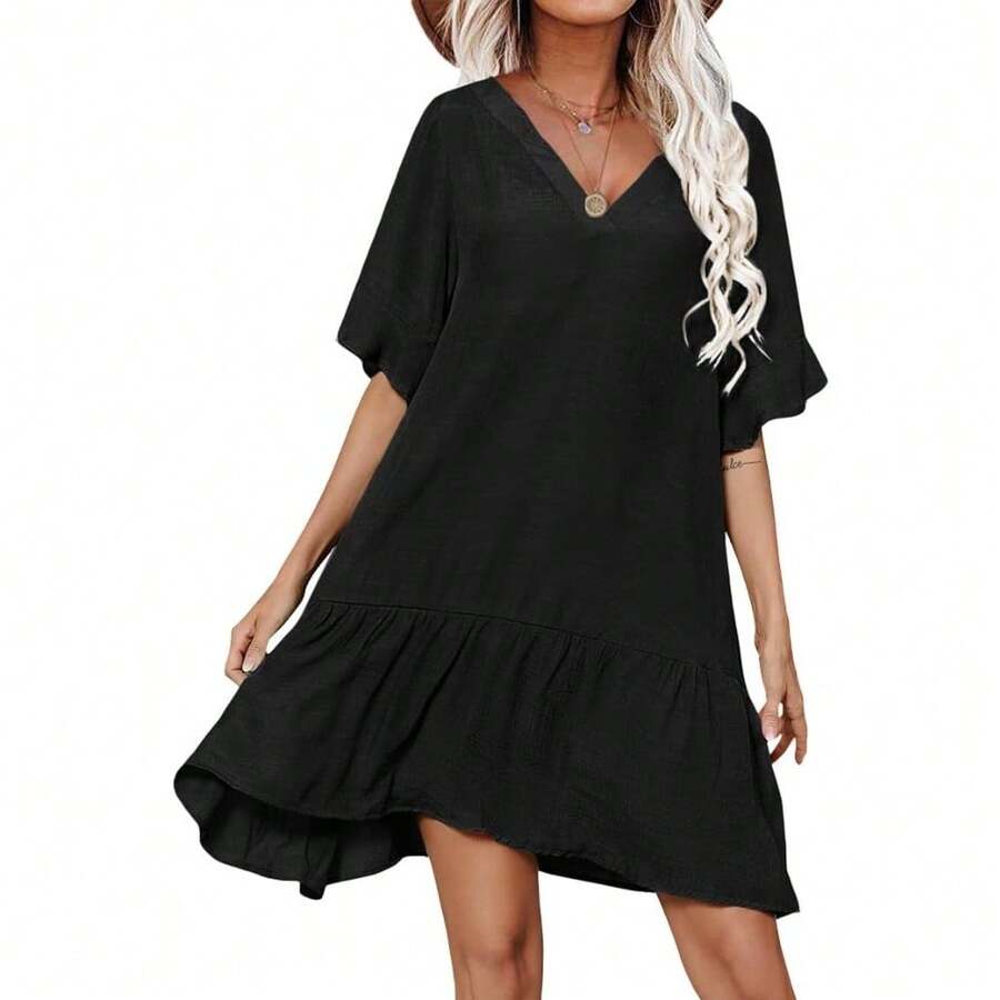 Womens Swimsuit Coverups Sexy V Neck Bathing Suit Cover Ups Casual Loose Cover Up For Swimwear - Black - View 1