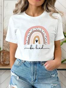 Damen "Be Kind" Regenbogen Grafik T-Shirt - Sanfte Pastellfarben, positive Botschaft, lässiges T-Shirt