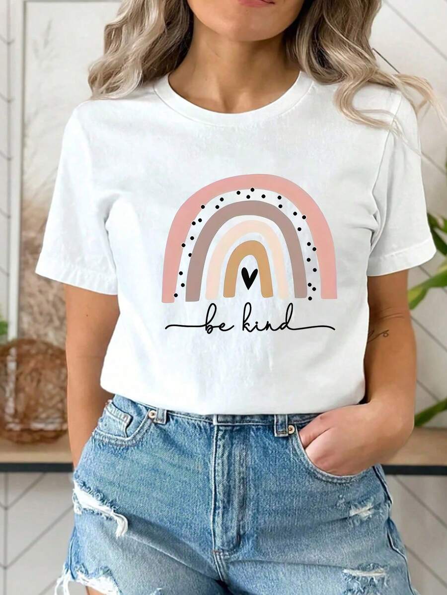 Damen "Be Kind" Regenbogen Grafik T-Shirt - Sanfte Pastellfarben, positive Botschaft, lässiges T-Shirt