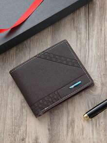 1 件复古设计男士钱包，大容量多卡位商务休闲皮革双折钱包带钞票隔层 - 格紋 - 查看 8