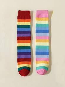 1/2/3 Pairs Girls Rainbow Striped Over-The-Knee Socks, Fashion All Season - Multicolor - View 12