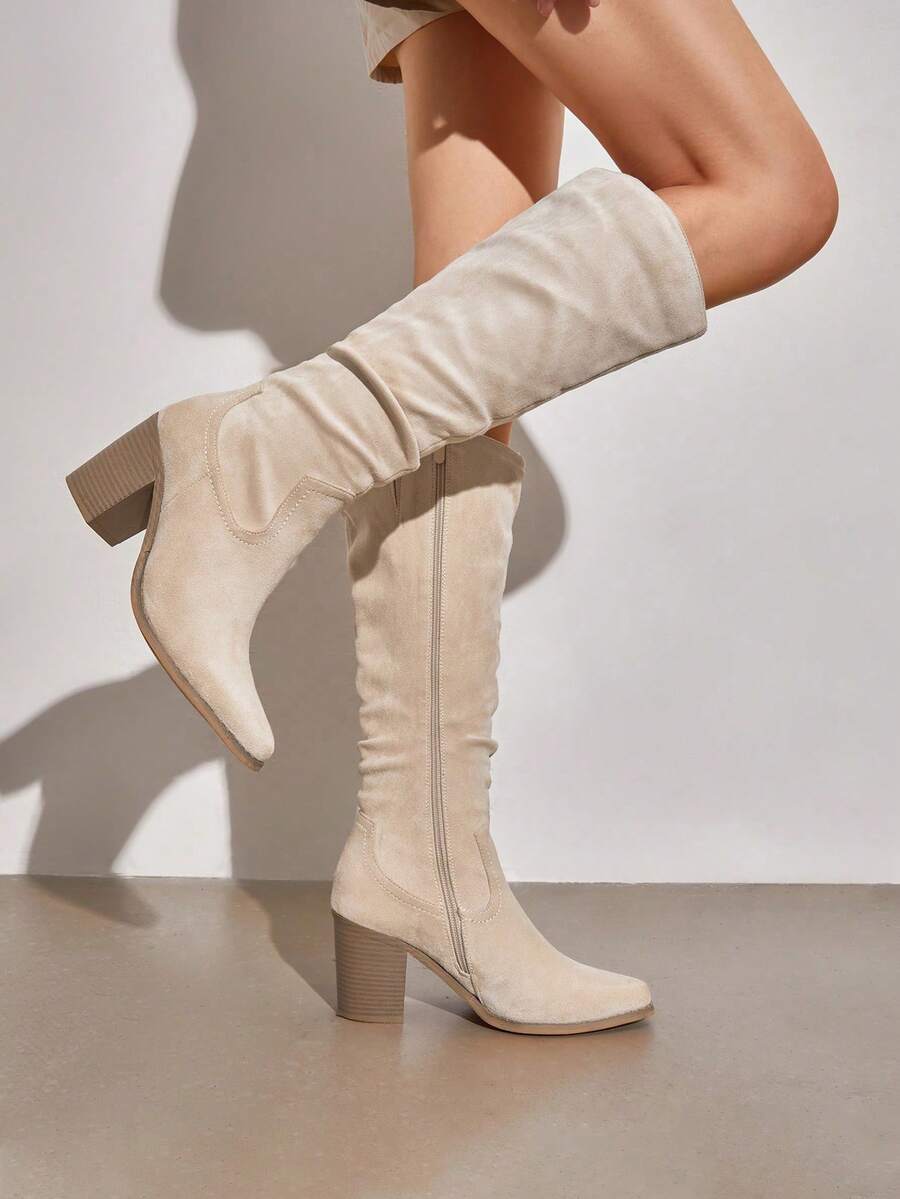 Women's Knee-High Boots, Comfortable Chunky Block Heel Pointed Toe Pull On Side Zipper Suede Slouch Riding Boots