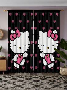 Sanrio 2pcs Sanrio Theme Black Hello Kitty Pattern Semi-Sheer Curtains - Made Of Polyester, With Rod Pocket Design, Easy To Hang, Cartoon Print Curtains, Suitable For Bedroom, Office, Living Room, Home Decor