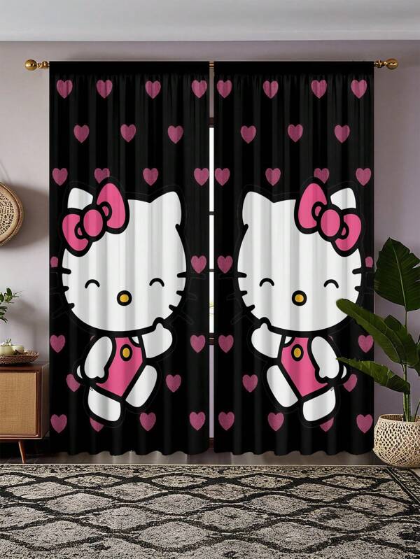 Sanrio 2pcs Sanrio Theme Black Hello Kitty Pattern Semi-Sheer Curtains - Made Of Polyester, With Rod Pocket Design, Easy To Hang, Cartoon Print Curtains, Suitable For Bedroom, Office, Living Room, Home Decor