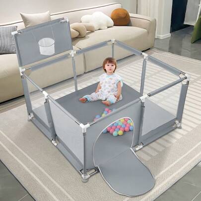 Babyzaun, 126 x 126 x 66 cm, stabiler und atmungsaktiver Babyspielbereich. Babyzaun (kein toter Winkel) + 50 Bälle + 4 Saugnäpfe + Reißverschlusstür