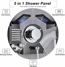 Panel de ducha LED Cepillado Tower Sistema de lluvia Sistema de cabezal de ducha Acero inoxidable 5 en 1 Columna de torre de ducha Ducha de mano Sistema de panel y caño de bañera - Negro mate - Ver 6