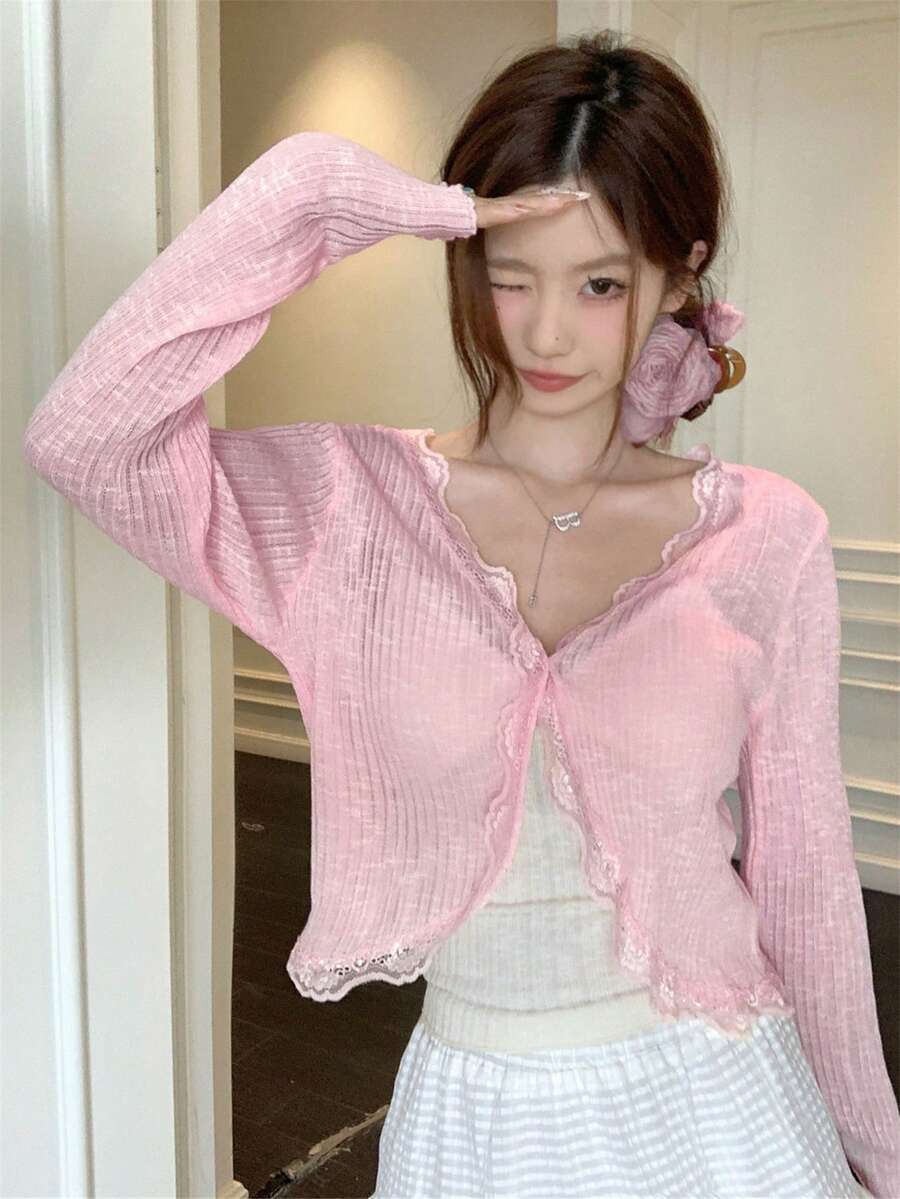 女士蓝色蕾丝边 V 领罩衫，可爱返校夏季披肩轻便外套 - 粉色 - 查看 1