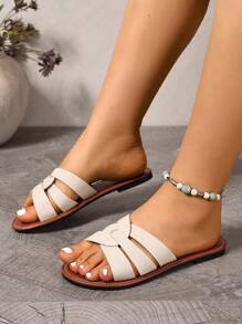 Wide Fit Rhinestone Decorated Slippers, Comfortable Women Flat Sandals, Korean Style Casual Outdoor Slip-On Flip Flops For Summer, Braided Roman Sandals Suitable For Dresses, Beach, Casual, Spring & Autumn