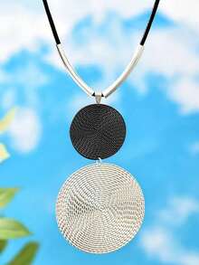 1pc Retro Metal Round & Water Drop Pendant Necklace, Minimalist Design - Silvery - View 3