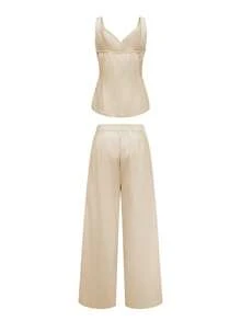 2025 Autumn Women's Understated Luxury Outfit: Inspired By Soft Pink - Sleeveless Cardigan Shirt And Wide-Leg Pants, Breathable Business Casual Linen Blend Fabric, Suitable For Holidays, Brunch, Office Style, Cruise Vacations, And An Ideal Choice For Teachers - Apricot - View 4