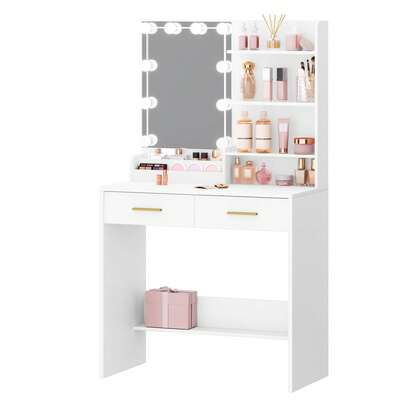 HEXCELEN Dressing Table With LED Lighting, Adjustable Brightness, Vanity Desk With Mirror, Dresser With 2 Drawers, 4 Open Shelves And 2 Compartments, Bedroom, Living Room, White