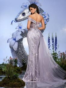 LUVISTRUE Lãng mạn quyến rũ hạt cườm mùa xuân hè Váy dạ hội sang trọng sequin cho phụ nữ dự tiệc trang trọng Trang phục mùa tốt nghiệp cho tiệc tối, vũ hội tốt nghiệp, dạ hội, tiệc sinh nhật, vũ hội từ thiện, thảm đỏ Váy dài maxi không tay xẻ cao màu tử đinh hương - Màu Lilac Tím - Xem 3