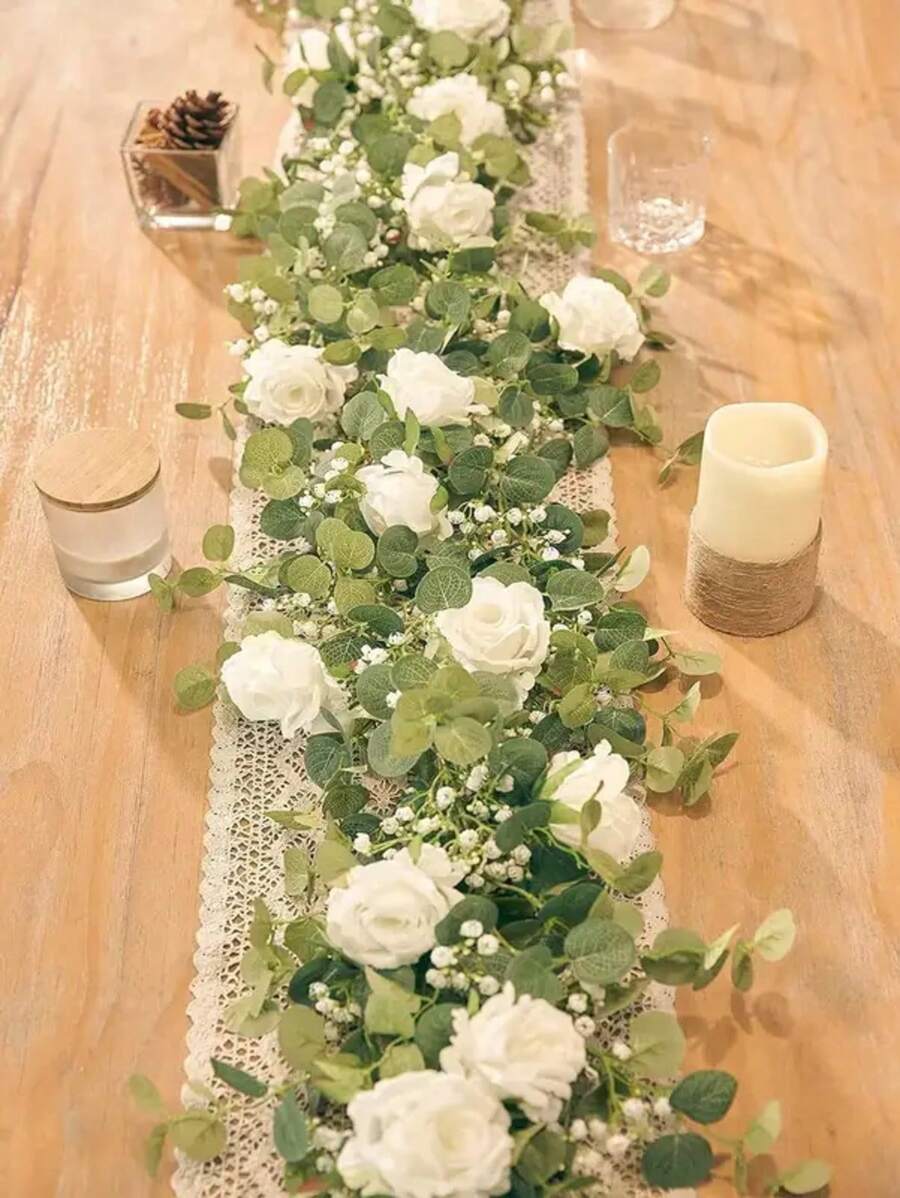 1pc 5.9FT Artificial Eucalyptus Vine Fake Rose Flowers Gypsophila Garland For Wedding Home Craft Art Table Runner Decor - 紅色 - 查看 1