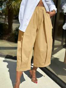 Pantaloni de damă de primăvară/vară, mărime mare, culoare solidă, casual, cu picior larg, cu buzunare, kaki, ținută versatilă de zi cu zi