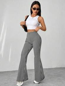 Pantalones Largos de Cintura Alta para Mujer con Estampado de Cuadros y Corte de Campana, Perfecto para vacaciones y días festivos - Blanco y Negro - Ver 1