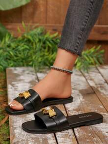 Sandalias planas con diapositivas de color dorado decoradas con diamantes, sandalias casuales de verano negras para uso en interiores y exteriores - Negro - Ver 5