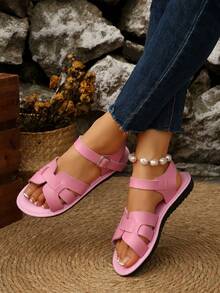 新款优雅简约时尚扣环中高软底凉鞋，舒适，适合户外、度假、通勤，女士平底凉鞋