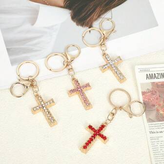 批发 3D 十字架钥匙扣，复古，闪亮，水钻，适合女朋友、包包、挂饰、派对配件，锌合金，夏季