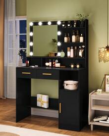 Schminktisch mit Spiegel und 10 LED-Beleuchtung, Einstellbare Helligkeit, Schminkkommode mit 2 Schublade & 1 Schrank, 3 Ablagen & 4 offenen Fächern