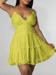 Women's Sexy Backless Sundress - V-Neck Slip Dress With Flutter Hem & Thin Straps, Minimalist Summer Dress For Beach & Date Nights - Yellow - View 5
