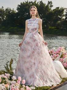 Faeriesty Luxe Elegant Sleeveless Tulle Evening Gown With Lace Trim & Multi-Layer Ruffled Hem - Pastel Floral Print Dress For Wedding, Bridal Shower, Evening Gala