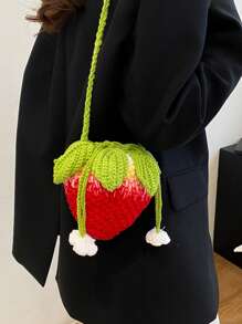 Handmade Crochet Strawberry Handbag, Small Unique Design Hollow Knitting Cross-Body Yarn Bag, Cute And Sweet Key Coin Purse