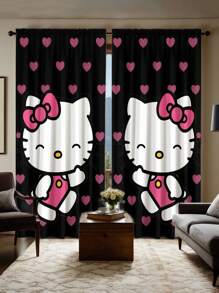 Sanrio 2pcs Sanrio Theme Black Hello Kitty Pattern Semi-Sheer Curtains - Made Of Polyester, With Rod Pocket Design, Easy To Hang, Cartoon Print Curtains, Suitable For Bedroom, Office, Living Room, Home Decor