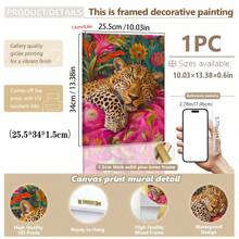 1pc, Canvas Hanging Picture, Framed, Vibrant Lion And Leopard Canvas Poster, Modern Art Wall Decor With Floral And Animal Patterns For Living Room, Bedroom, Bathroom, Home Office - Stylish Interior Home Decor, Room Decor