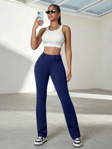 High Elasticity Slim-Fit & Pocket Design Women Commuting Trousers Daily Casual Pants - Màu xanh hải quân - Xem 5