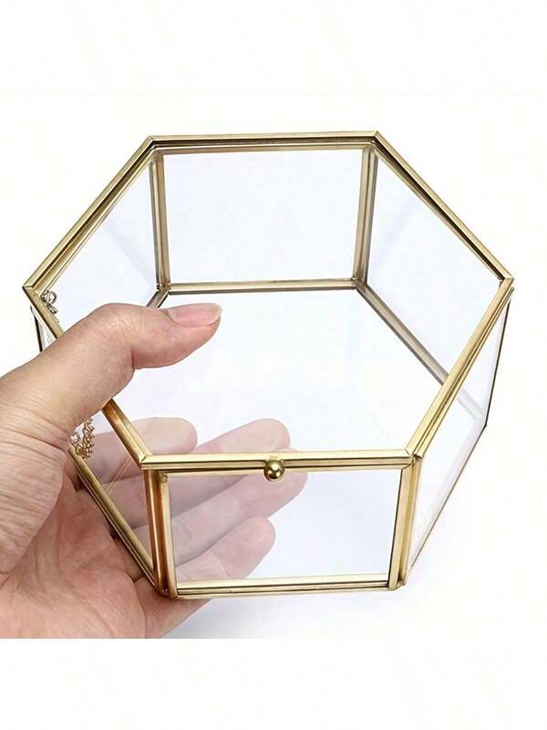 1 Deluxe Hexagonal Glass Jewelry Display Box - Decorative Box For Storage And Organization - Brass Frame, Wedding Gift, Ring, Bracelet, Earring Stand, Mother's Day, Spring Season Home Decor, Storage Box For Fashion Jewelry Collectors