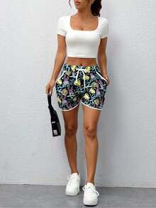 Short casual para mujer, multicolor, con hermosos estampados, tela de poliéster y elastano, apto para la temporada de verano o vacaciones en la playa. Talle de cintura natural, ajuste de pierna holgado, bolsillos funcionales, fresco, ligero y muy cómodo. Puede variar el tono y los estampados de las prendas. - Negro - Ver 1