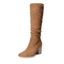 Women's Knee-High Boots, Comfortable Chunky Block Heel Pointed Toe Pull On Side Zipper Suede Slouch Riding Boots - Camel - View 5
