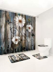 1 Stück/4 Stück Holzdekor Gänseblümchen Badezimmer Set - Wasserfester Duschvorhang mit 12 Haken, rutschfeste Badematte, U-förmige Toilettenmatte, vielseitiges Badezimmer Accessoire Set