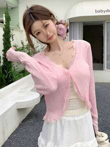 女士蓝色蕾丝边 V 领罩衫，可爱返校夏季披肩轻便外套 - 粉色 - 查看 4