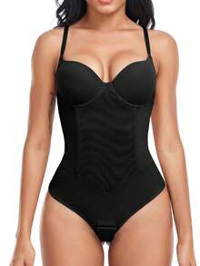 Built In Bra Women Shapewear Bodysuit Thong Tummy Control Underwear Tank Top Vest Slimming Abdomen Compression Body Shaper Under The Dress Party Wedding Waist Trainer Padded Shelf Bra 4 Steel Boned - 黑色 - 查看 9