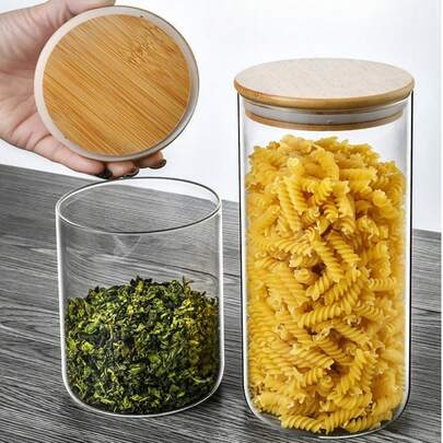 Airtight Jar, Borosilicate Glass Seal Storage Jar, Straight Tea Caddy, Dry Food Bean Nuts Snack Moisture-Proof Container, Bamboo Lid, Household Storage & Organization Essential