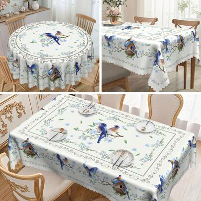 1pc Polyester Tablecloth With Floral And Bluebird Design, Lace Edging - Round And Rectangular Dining Table Cover, Machine Washable, Suitable For Spring/Summer, Dates, Parties, Picnics, Cafes And Home Decor, Picnic Tablecloth, Multiple Sizes Available